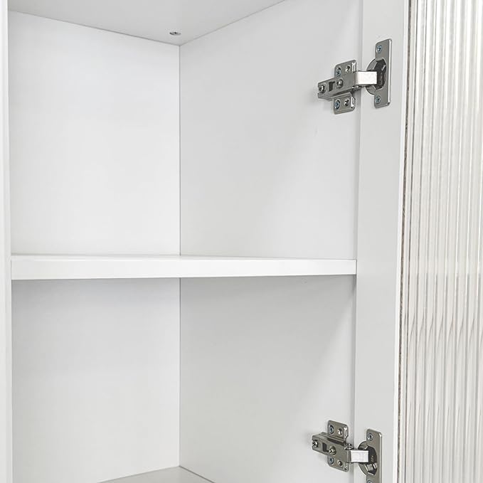 Pull-Out Kitchen Pantry Cabinet with Multi-Tier Shelves, Glass Doors & Spice Rack, Freestanding Wood Hutch Storage Cabinet Next to Refrigerator for Coffee Bar, Dining Room, Narrow Spaces