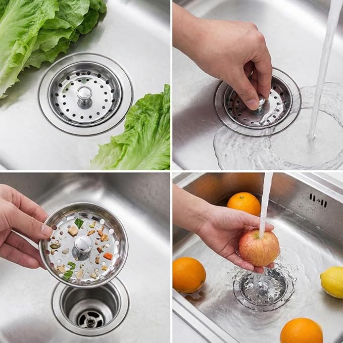 Premium Kitchen Sink Drain Strainer & Stopper Set – Dual-Function Stainless Steel Basket with Rubber Seal, Fits 3-1/2 Inch Standard Drains, Pack of 2