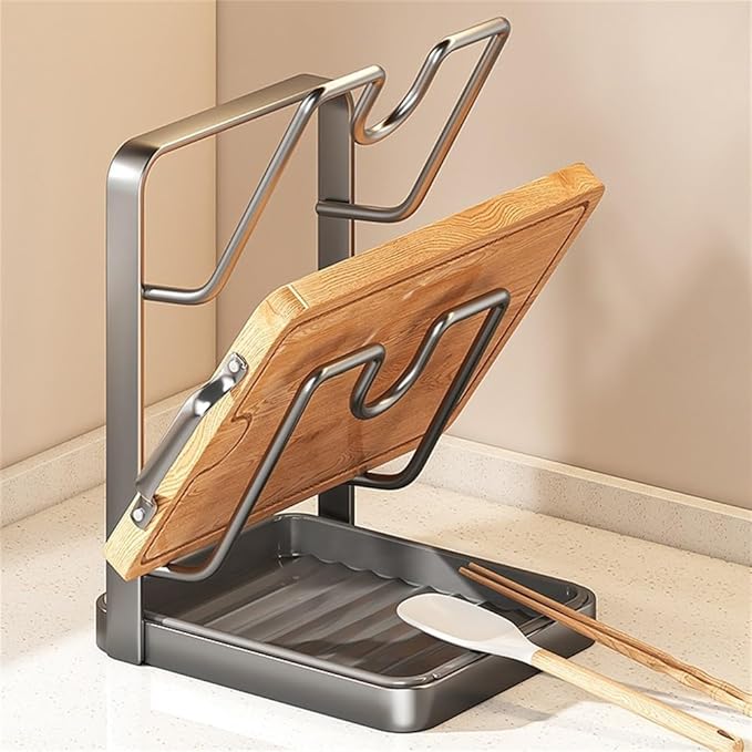 Kitchen Pot Lid Storage Rack with Spoon Rest and Rag Holder, Rust-Resistant Carbon Steel Lid Holder,Space-Saving Multifunctional Kitchen Organizer Stand For Pots, Pans(Grey)