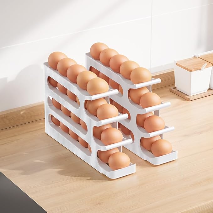 Egg Holder for Fridge, 4 Tiers Auto Rolling Egg Storage Organizer for Refrigerator, Slim Space Saving Container, Dispenser - Egg Roller for Eggs 24 Count