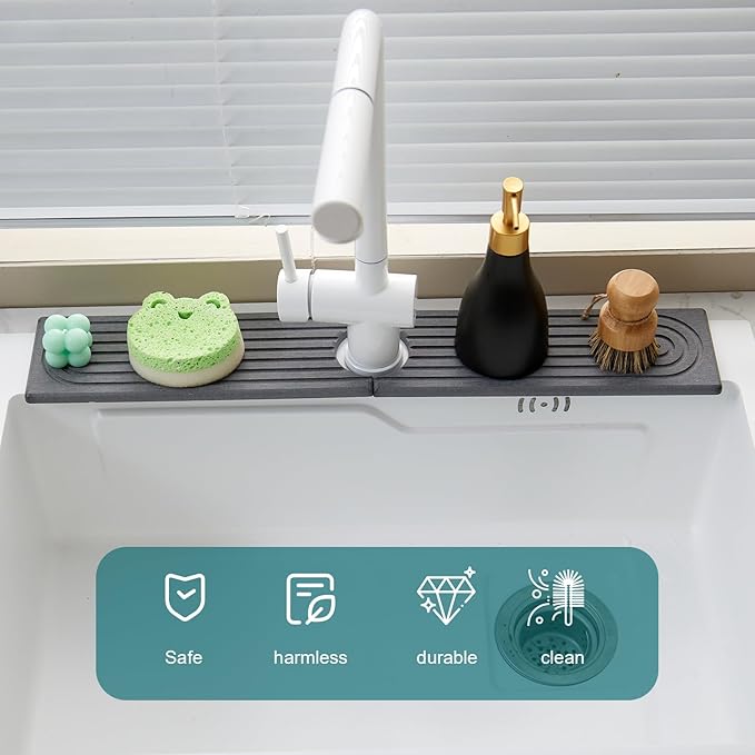 ODE TO ORDER 23.6 Inch Water-Absorbing Stone Faucet Mat for Kitchen Sink Bathroom Counter，Dark Grey Diatomite Drying Stone Mat, Sink Stone Tray Protector,Prevent Moisture Sink Splash Guard