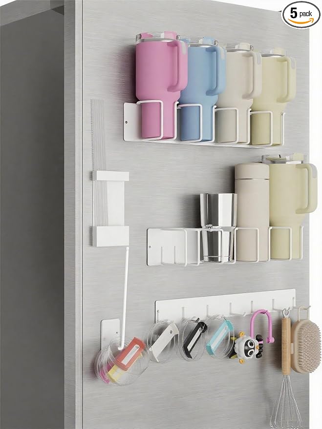 Magnetic Cup Holder Set - Universal Organizer Fits Stanley 20/30/40oz & All Cups up to 3.25 Inches Wide, Modular Rack with Lid and Straw Holders (White, 8 Cup)