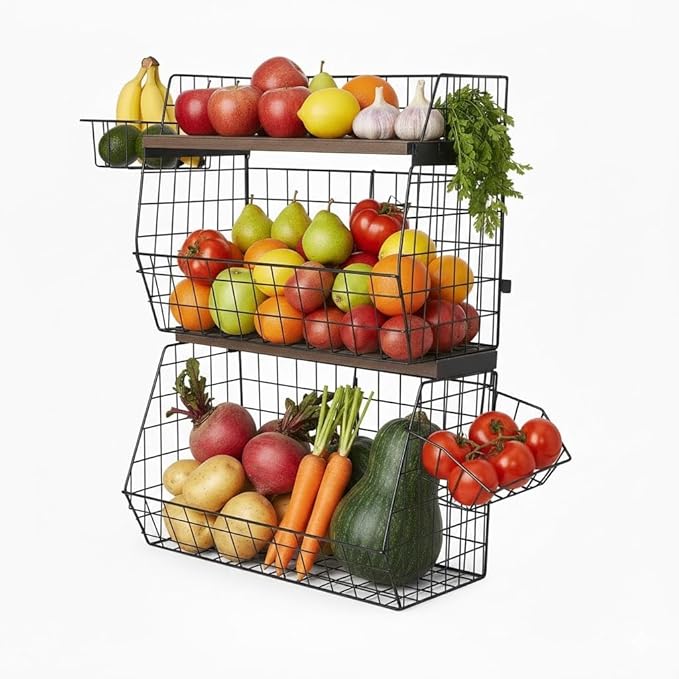 Storage Pantry Baskets – Heavy Duty Wire Bins for Kitchen, Bathroom & Laundry – Wall Mounted, Stackable Organizer for Snacks, Toiletries, Potatoes & Onions – 2 Pack Storage Set Bundle XXL
