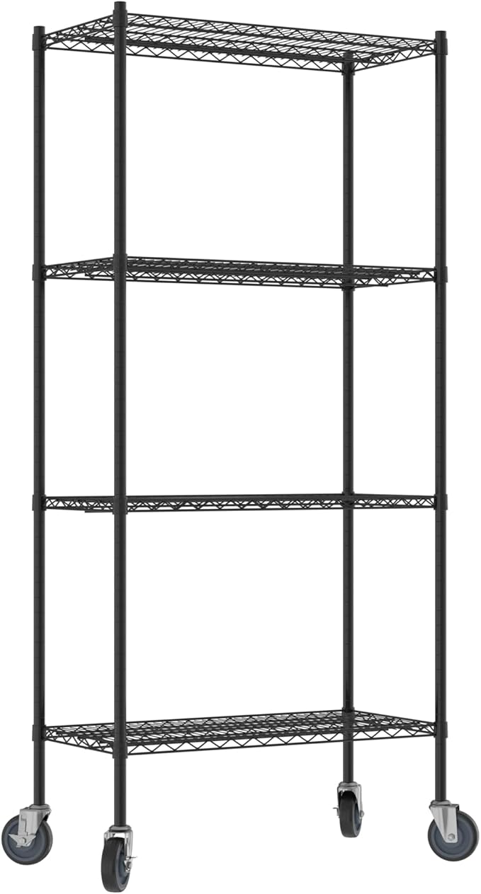 Commercial NSF Listed Black Epoxy Mobile Wire Shelving Kit 18" x 36" x 80", with 4 Shelves Perfect for Warehouse, Walk-in Refrigerator, Freezer, Grocery Store, Restaurant, Dishroom