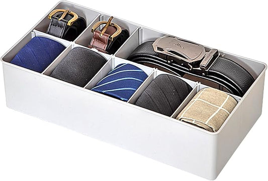Plastic Belt Organizer, 10 Section Drawer Organizer for Storage Belt, Ties, Underwear and Socks, White Removable Dividers Storage Box for Closet Dresser Drawer, 12 x 6.2 x 3.1 Inch
