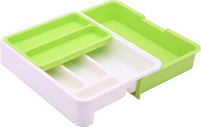 HornTide 3-in-1 Cutlery Tray, Expandable Utensils Holder, Plastic Kitchen Drawer Organizer for Silverware Storage and More - Green