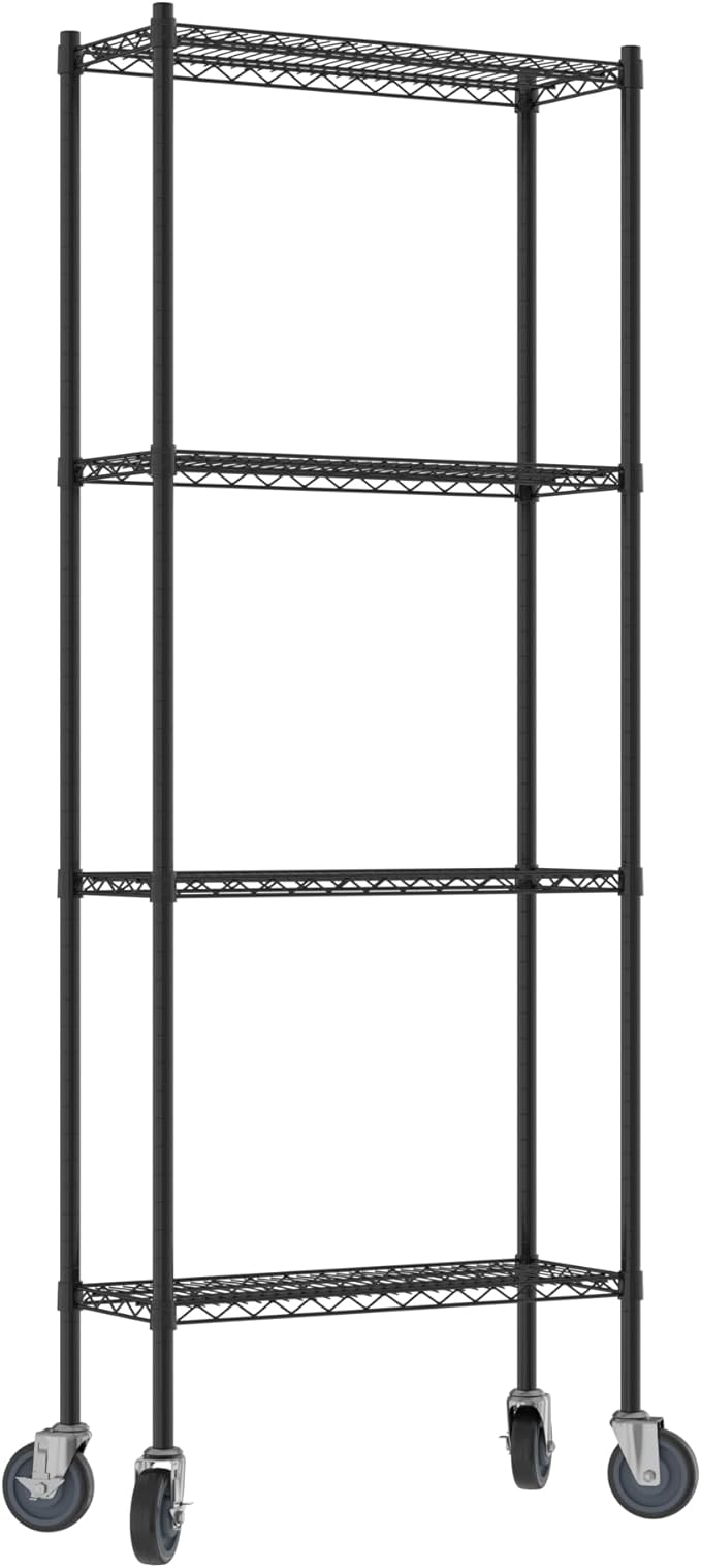 Commercial NSF Listed Black Epoxy Mobile Wire Shelving Kit 12" x 30" x 80", with 4 Shelves Perfect for Warehouse, Walk-in Refrigerator, Freezer, Grocery Store, Restaurant, Dishroom