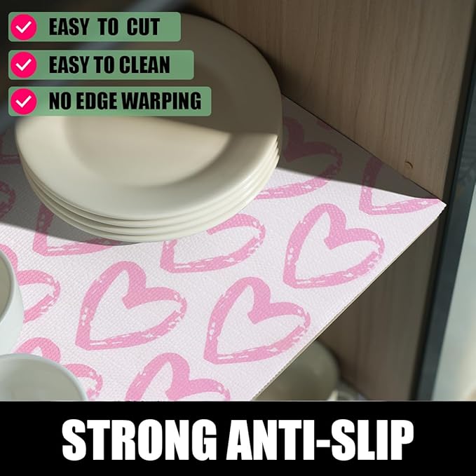 Amiitay Pink Heart Drawer Liner for Cabinets, Shelf Liner Non-Adhesive and Strong Non-Slip Cabinet Drawer Liners for Kitchen,Table,Bookshelves,Waterproof Cupboard Liners,12IN x 10FT