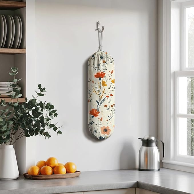 Aesthetic Floral Bag Holder, Wall Mount Plastic Bags Storage Container Dispensers, Kitchen Essentials, Kitchen Housewarming Gifts for Women Family Friends Grandma Mom