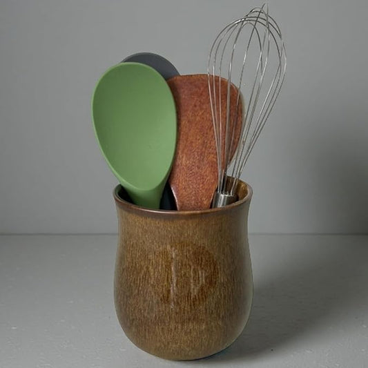 Short Kitchen Utensil Holder for Kitchen Counter, Ceramic Small Utensil Crock & Vase & Holder for Cutlery Spatula Brush Silverware Cooking Utensil Holder (Rustic Brown)