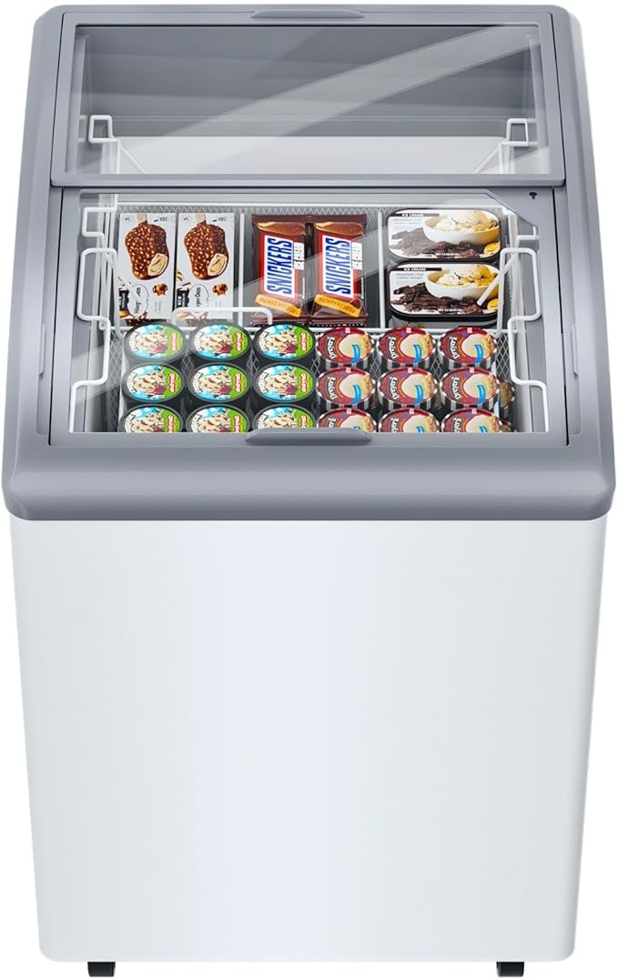 23 Inch Commercial Freezer Commercial Ice Cream Freezer Display Case with 2 Removable Wire Baskets & 2 Sliding Glass Doors - White Commercial Refrigerator for Shop Use 5.5Cu.Ft.