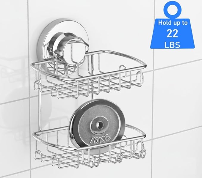 Soap Dish for Shower Suction Cup Powerful Vacuum System Rustproof 304 Stainless Steel Basket Sponges Holder with Razor Hooks for Bathroom or Kitchen Soap Holder, 2 Tier (Silver)