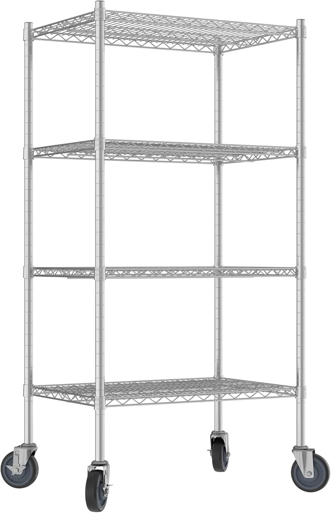 Commercial NSF Listed Chrome Mobile Wire Shelving Kit 21" x 30" x 60", with 4 Shelves Perfect for Warehouse, Walk-in Refrigerator, Freezer, Grocery Store, Restaurant, Dishroom