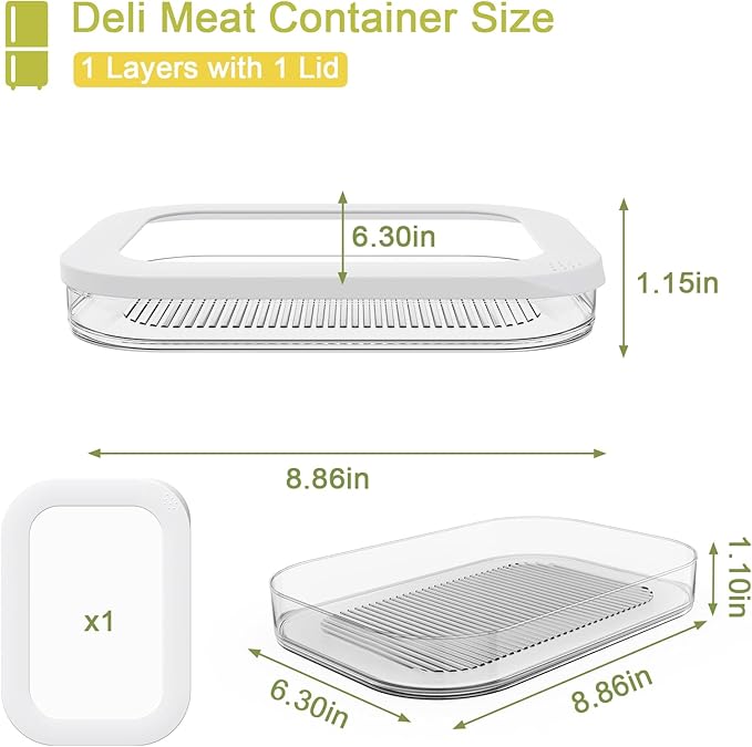 Cecnamt Stackable Deli Meat Container with Drainage Groove and Silicone Lid, Clear Refrigerator Storage Containers for Lunch Meats, Cold Cuts, Bacon, Cheese, BPA Free - 1 Layer