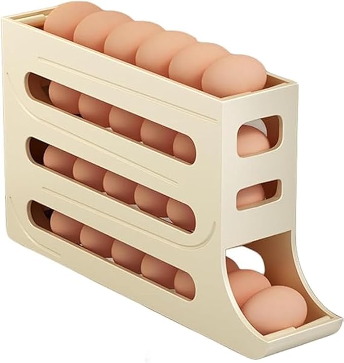 IbErsacs 4 Tiers Egg Holder for Fridge， Automatic Egg Rolling Rack, 30 Eggs Storage Rack, Egg Distributor for Refrigerator, Egg Storage Rack for Kitchen (Cream Color), 14.12x2.75x7.84in