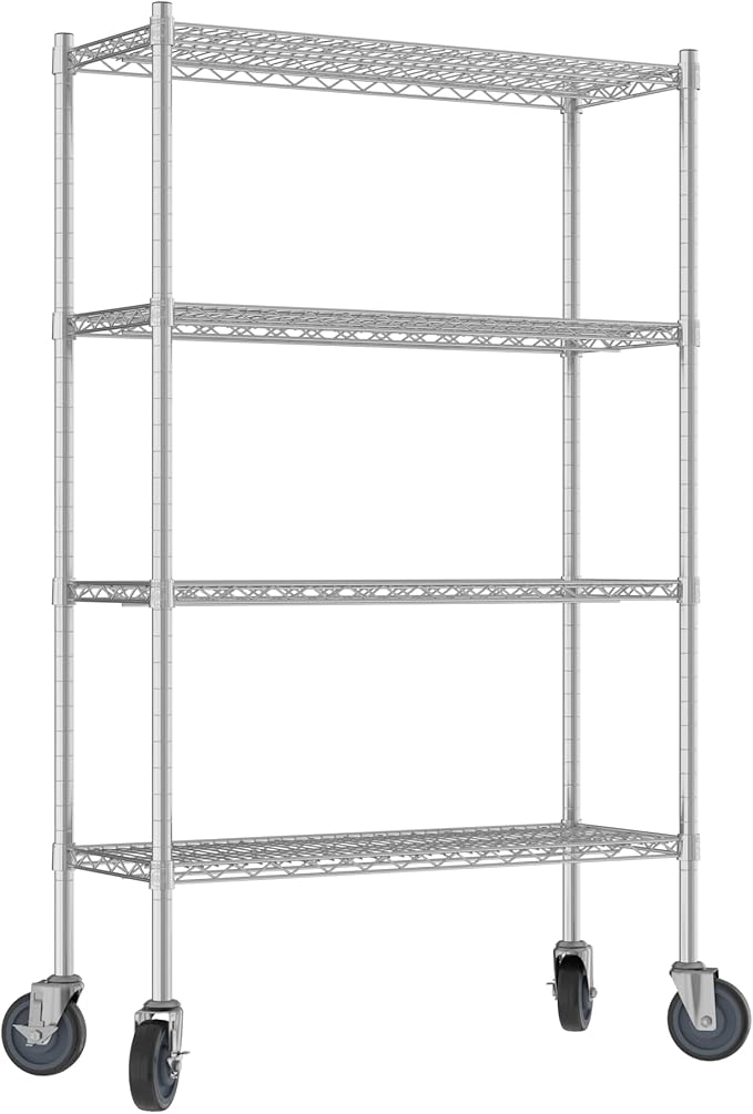Commercial NSF Listed Chrome Mobile Wire Shelving Kit 14" x 36" x 60", with 4 Shelves Perfect for Warehouse, Walk-in Refrigerator, Freezer, Grocery Store, Restaurant, Dishroom