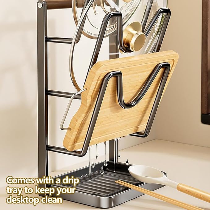 Kitchen Pot Lid Storage Rack, Pot Lid Holder With Tray, Lid Holder While Cooking, Lid And Spoon Rest, Multifunctional Kitchen Organizer Stand for Stove Top (Carbon steel,B, 3-Layer)