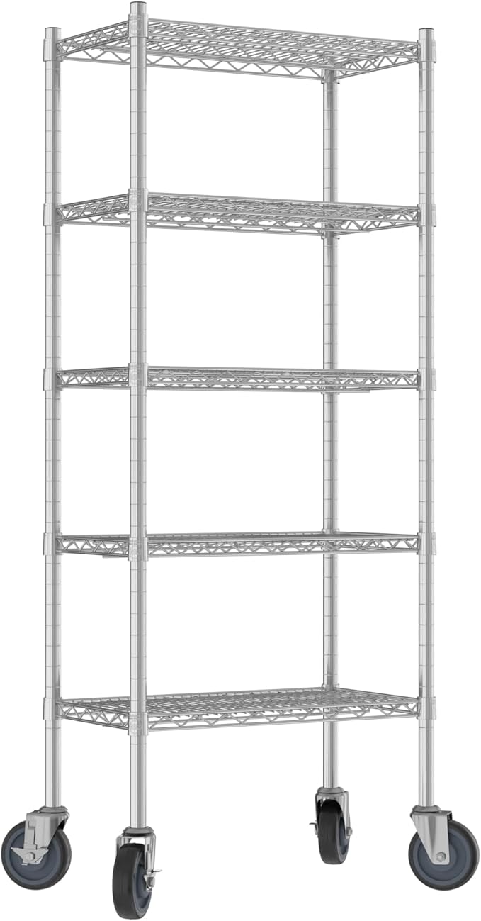 Commercial NSF Listed Chrome Mobile Wire Shelving Kit 14" x 24" x 60", with 5 Shelves Perfect for Warehouse, Walk-in Refrigerator, Freezer, Grocery Store, Restaurant, Dishroom