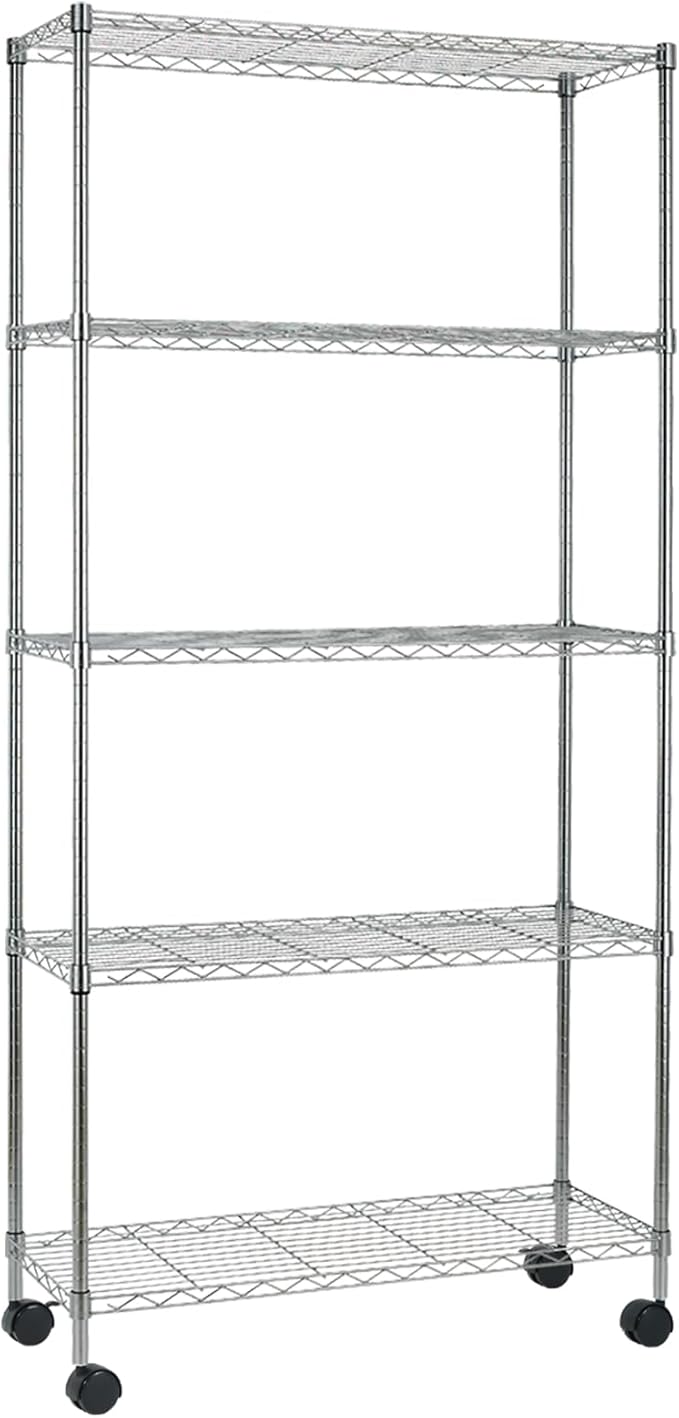 5-Shelf Adjustable Storage Shelf, Heavy Duty Storage Shelving Unit with Wheels, Standing Shelves Metal Organizer Wire Rack for Kitchen Bathroom Pantry, 30" L x 14" W x 60" H, Chrome