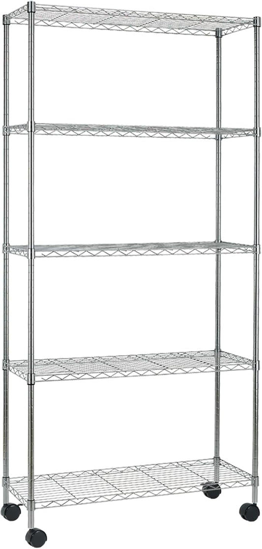 5-Shelf Adjustable Storage Shelf, Heavy Duty Storage Shelving Unit with Wheels, Standing Shelves Metal Organizer Wire Rack for Kitchen Bathroom Pantry, 30" L x 14" W x 60" H, Chrome