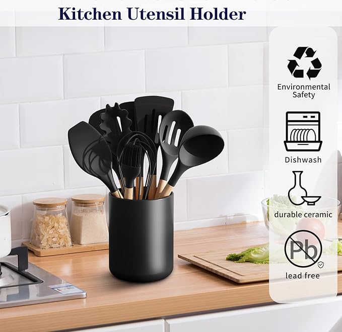 Black Utensil Holder for Kitchen Counter, Large 7.2" Matte Ceramic Utensils Crock for Countertop Easy to Clean, Modern Cooking Utensil Spatula Holder for Farmhouse 7.2×5.8 INCH
