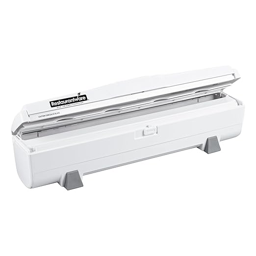 Restaurantware-RW Base Food Wrap Dispenser with Cutter, 1 Refillable Cling Wrap Dispenser - Fits 12” to 18” x 1000’ Rolls, Press Down and Cut, White Plastic Aluminum Foil, Sharp Blade