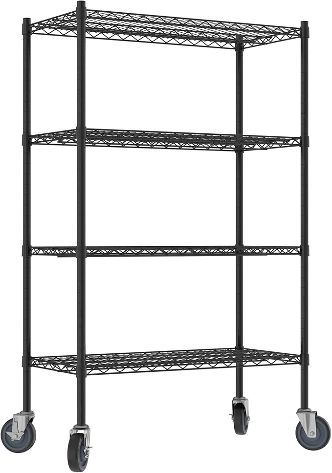 Commercial NSF Listed Black Epoxy Mobile Wire Shelving Kit 18" x 36" x 60", with 4 Shelves Perfect for Warehouse, Walk-in Refrigerator, Freezer, Grocery Store, Restaurant, Dishroom
