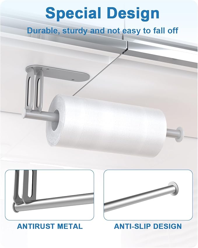 Paper Towel Holder - Kerisgo Paper Towel Holders Under Cabinet for Kitchen,Strong Adhesive Paper Towel Roll Rack for Bathroom,Wall Mounted Toilet Paper Holder for Bathroom,RVs,Sink,Glass(Silver)