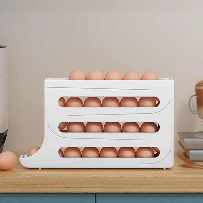 IbErsacs 4 Tiers Egg Holder for Fridge， Automatic Egg Rolling Rack, 30 Eggs Storage Rack, Egg Distributor for Refrigerator, Egg Storage Rack for Kitchen (Cream Color), 14.12x2.75x7.84in