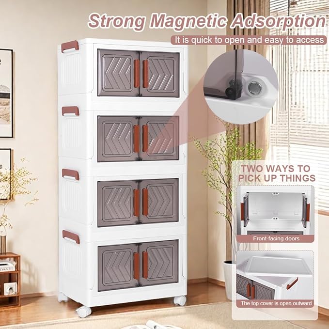 ETOYA 4-Tier Stackable Storage Bins with Lids & Wheels - 14.96"x10.24"x35.43" Collapsible Organizer Foldable Container, Plastic Storage Containers for Living Room, Office, Dorm Organization