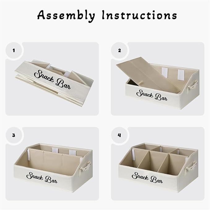 Snack Organizer for Countertop, Snack Basket with Adjustable Compartments via Velcro, 6 Compartment Food Container, Basket for Snacks with PU Handles, Beige