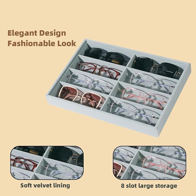 Glasses Holder Box Drawer Sunglass Organizer for Men Clear Wide Storage Case 8 Slots Multiple Reading Glasses Display, Gray Velvet