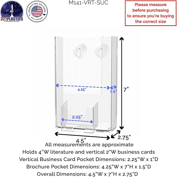 4 Pack Suction Cup Trifold Holder for 4 Inch Wide Paper with 2" x 3.5" Vertical Business Card Slot Window or Glass Wall Mounting Display Printed Media Clear Plastic Take One by Marketing Holders