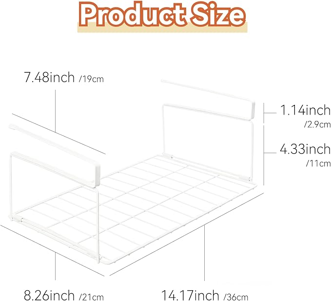 Under Shelf Basket Storage 1 Pack White | Space-Saving with Extra Layer | Lightweight & Quick to Install | Non-Slip | 14.8" D x 8.46" W