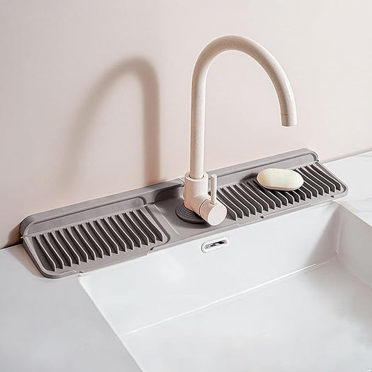 Longer Silicone Faucet Mat for Kitchen Sink – Button Style Faucet Drip Catcher & Leak-Proof Sink Splash Guard with 6° Slope, Behind Faucet Draining Mat,Gadgets for Bathroom (dark gray, large)