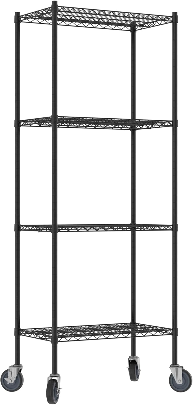 Commercial NSF Listed Black Epoxy Mobile Wire Shelving Kit 18" x 30" x 80", with 4 Shelves Perfect for Warehouse, Walk-in Refrigerator, Freezer, Grocery Store, Restaurant, Dishroom