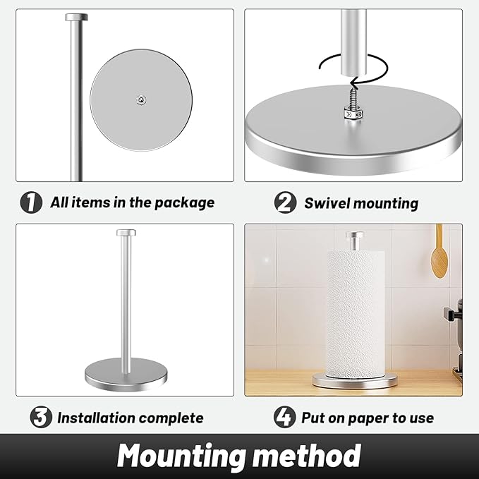 VEHHE Paper Towel Holder Countertop, Stainless Steel Paper Towel Holder Stand with Weighted Base Suction Cups, Standing Paper Towel Roll Holder for Kitchen Bathroom (Silver)