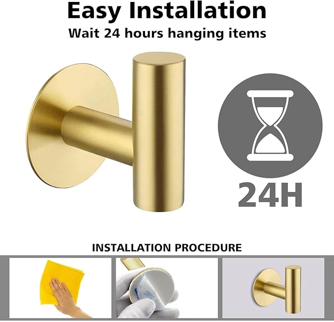 Bntuk Adhesive Towel Hooks, Heavy Duty Wall Hooks Stainless Steel Waterproof Shower Towel Hooks - 4 Pack, Gold