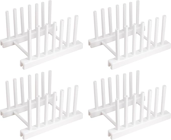White Plate Organizer for Cabinet 4 Pack, Plstic Plate Rack Stand Keep Dry for Dish, Bowl, Bakeware, Serving Tray and More, Plate Holder for Cabinet Rack, Dish Organizer Rack for Cabinet