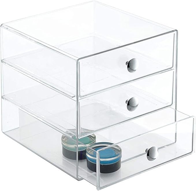 Makeup Drawer Organizer Box with 3 Drawers, Acrylic Cosmetic Display Case Vanity Organizer Jewelry Storage Box Stackable Storage for Cosmetics, Skin Care, Bathroom, Countertop, Silver Handle