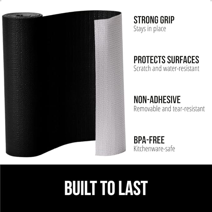 GORILLA GRIP DripGuard Shelf Liner, Non Adhesive Drawer and Kitchen Cabinet Protector, 20x240 Inch, Slip Resistant BPA Free Smooth Surface Plastic Liners for Cabinets, Bathrooms, Closets, Black