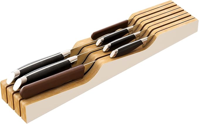 Knife Drawer Organizer, Bamboo Wood Knife Holder, White Knife Block Fit for 7 Knives