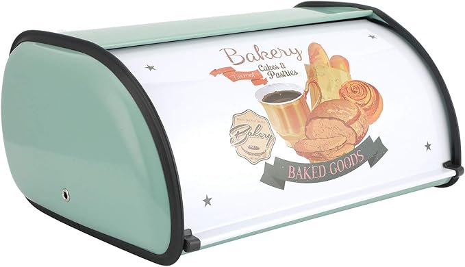 Roll Top Bread Box for Kitchen Counter - Metal Bin Retro Food Storage Container, 13"x9.4"x5.9" (Green)