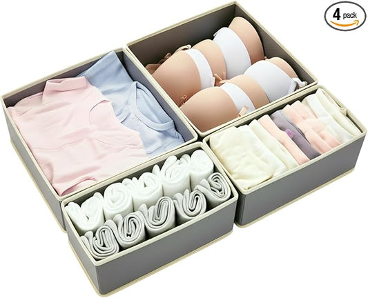 Drawer Organizer Set 4 Pack - Foldable 11" Fabric Storage Bins with Zipper Bottom for Underwear Socks Bras Baby Clothes - Closet Dresser Dividers for Bedroom Nursery, Light Grey