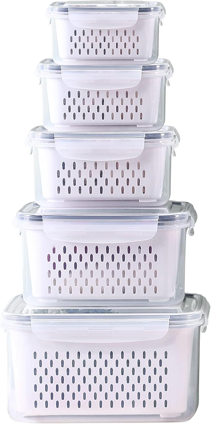 Ronanemon Large Fridge Food Storage Container Set with Lids with Strainer, Fruit Vegetable Storage Containers Keep Fruits, Vegetables, Berry, Meat Fresh longer, BPA-Free Plastic Produce Keepers