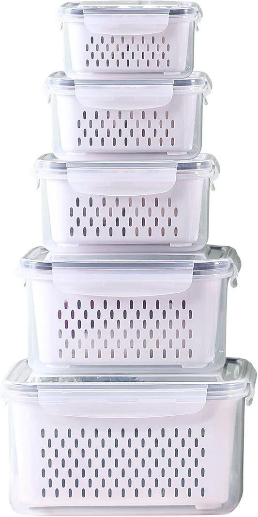Ronanemon Large Fridge Food Storage Container Set with Lids with Strainer, Fruit Vegetable Storage Containers Keep Fruits, Vegetables, Berry, Meat Fresh longer, BPA-Free Plastic Produce Keepers