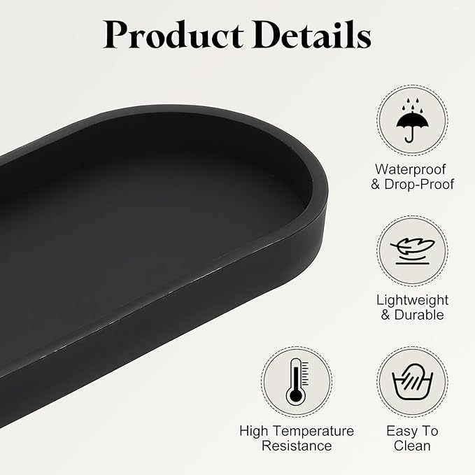 uxcell 2Pcs Bathroom Vanity Tray, 9.8" x 4" Oval Silicone Soap Dispenser Trays, Shatterproof Kitchen Sink Organizer for Soaps Keys Candle Trinket, Black