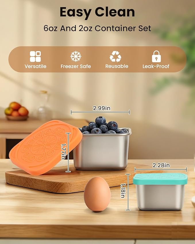 12Pack Stainless Steel Snack Containers with Lids, Small 6oz & 2oz Leak Proof Metal Food Storage Containers, Bento Box Meal prep Containers, Easy Open Stackable Lunch Box for Adults LIttle One