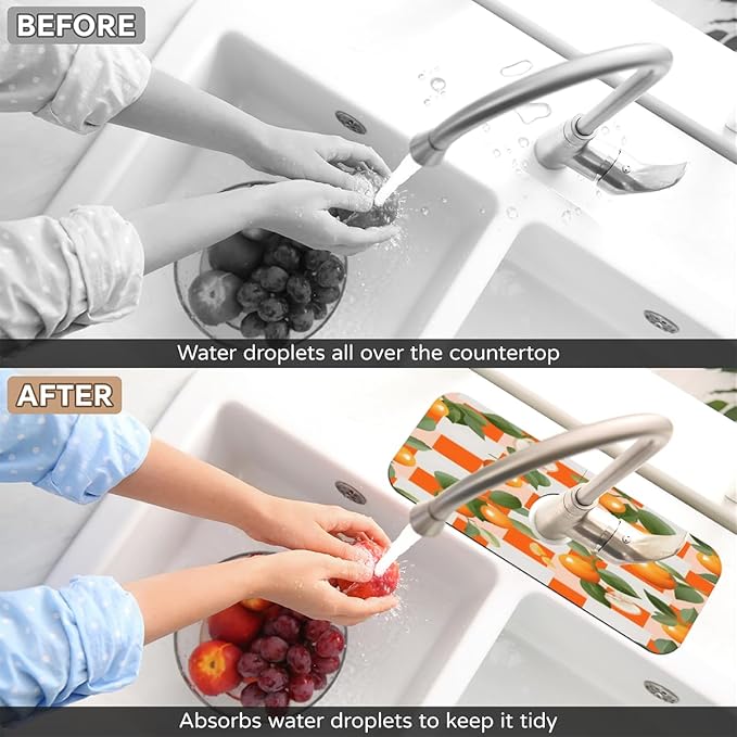 Orange Leaf Grid Pattern Kitchen Faucet Mat Splash Guard, 15.4”x5.7” Absorbent Quick Drying Sink Mat for Countertop Protection, Draining Mat Sink Protectors For Kitchen Bathroom, 1 Pack