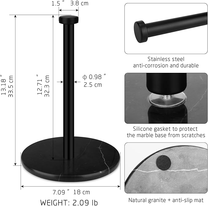 Paper Towel Holder Countertop with 7" Weighted Black Marble Base - Modern Free Standing Paper Roll Holder, Matte Black Stainless Steel Stand Paper Towel Holder for Kitchen and Bathroom